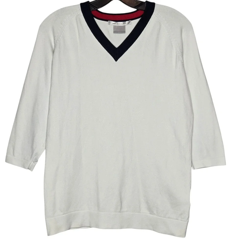 Nike Golf Sweater Y2K Womens Medium White V-Neck 3/4 Sleeve Knit Navy Red Trim